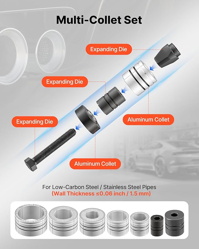VEVOR Exhaust Pipe Expander Tool Kit, 1-5/8" to 4-1/4" Exhaust Pipe Stretcher, Muffler Pipes Spreader with 7 Heavy-Duty Collects & Storage Case, Automotive Car Tool Kit for Tailpipes Tubes