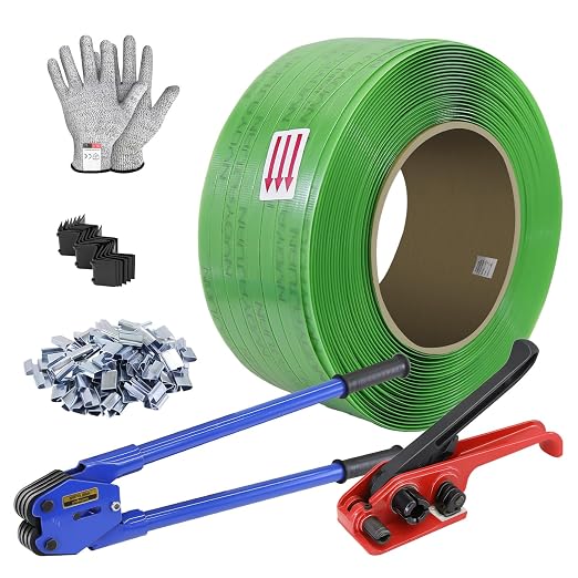 Banding Strapping Kit with 3/4" x1600 ft Green Polyester (PET) Band 200 Metal Seals Tensioner Sealer Tool for Pallet Box Packaging