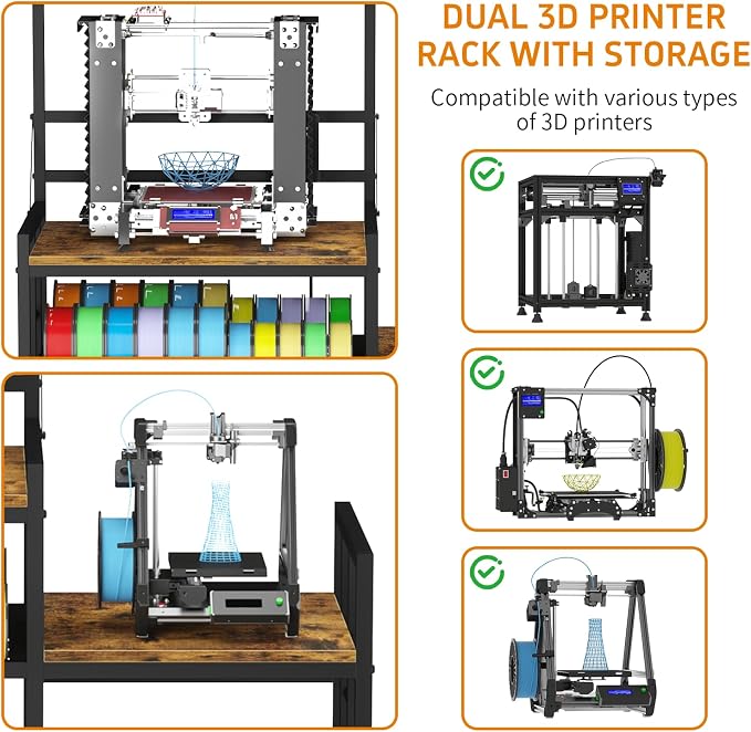 3D Printer Table with Filament Storage 3D Printer Stand with Power Outlet,Heavy Duty 3D Printer Desk for ABS, PLA, TPU Filament Spools, Home Offices and Studios Retro Brown
