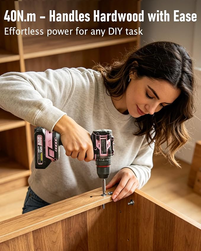 AVID POWER Brushless Power Drill Set, 20V Cordless Drill Driver Kit with 2.0Ah Battery and Charger, 3/8-Inch Metal Chuck, 355 In-lbs Torque, 2-Variable Speed, 26 Position and 22pcs Accessories-Pink