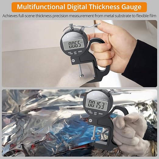 Neoteck Digital Thickness Gauge 1inch/25.4mm,0.00005inch/0.001mm LCD Display with Inch/MM Conversion One-Hand Quick Press Thickness Measuring Tool for Leather Paper Fabric Film etc.-Silver-Black