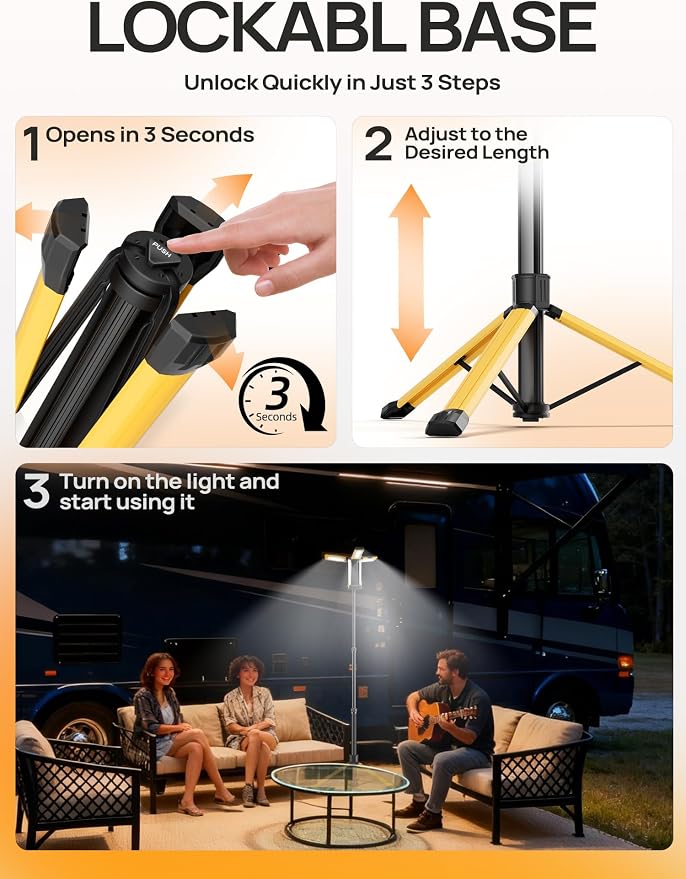 Rechargeable Work Light with Stand, 3 Detachable Panels (Large) | 10000mAh battery, Independent light panels, Telescopic tripod, Built-in feet, Storage bag, Yellow portable work light