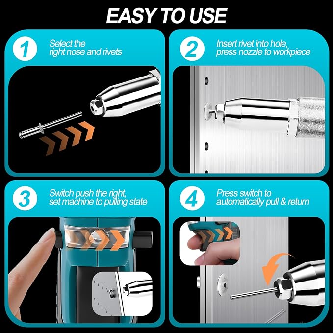 Cordless Rivet Gun with 2×2.0Ah Battery, Automatic Electric Rivet Gun Tool Brushless Pop Rivet Gun Kit for 3/32", 1/8", 5/32", 3/16" Rivets for Metal, Plastic and Leather