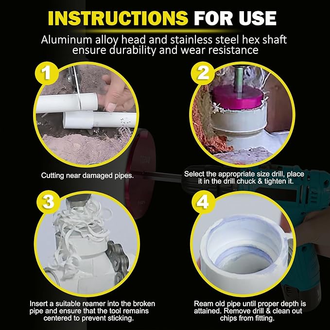 Premium 7Pcs PVC Pipe Reamer Kit For 1/2" Drills- Includes 3/4", 1", 1-1/4", 1-1/2", 2", 3", 4" Compatible with Standard 1/2" Drills,For SCH40 PVC, ABS PVC Pipe,CPVC Perfect for Plumbing Repairs