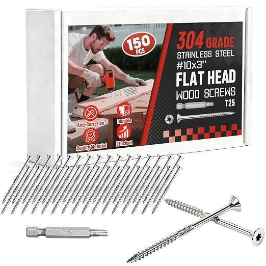 #10x3 Inch 304 Stainless Steel Deck Screws 150 PCS - Corrosion-Resistant Outdoor Wood Fasteners for Fences, Decks, Wood Project - T25 Star Drive Bit