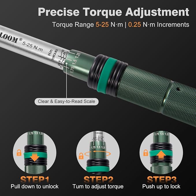1/4-Inch Torque Wrench, 5–25 Nm, 15-Piece Click Bike Torque Wrench Set with Bits and 4-Inch Extension Bar, Dual-Direction, 0.25 N·m Increments, ±3% Accuracy for Bicycle Maintenance