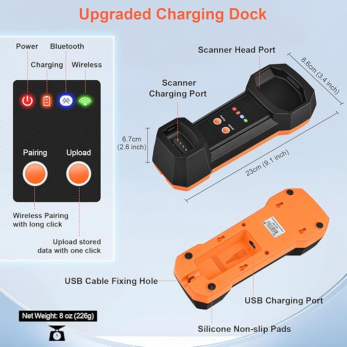 KUIIYER 1D QR 2D Industrial Barcode Scanner with Upgraded Charging Dock, Wireless Bluetooth Professional Bar Code Scanners, USB Plug & Play Handheld Barcode Reader for iPhone, Android, Computers & POS