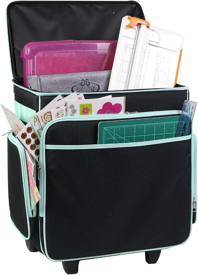 Everything Mary Rolling Scrapbook Tote – Black & Teal Craft Bag with Wheels – Organizer Case for Scrapbooking, Papercraft, Art Supplies & Creative Tools