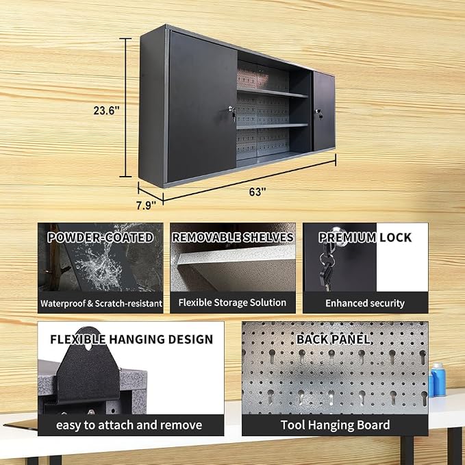 Large Wall Metal Tool Storage Cabinet with Lockable Doors and Removable Shelves for Garage Workshop Utility Room, Black & Grey