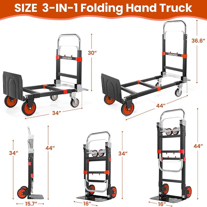 3-in-1 Folding Hand Trucks, 600Lbs Convertible Hand Truck Dolly, Heavy Duty Convertible Dolly with Retractable Handle and 4 Rubber Wheels, Collapsible Cart for Moving Office/Home/Warehous(Red)