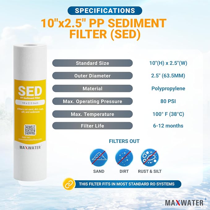 25 Pack of 10 Micron 10" x 2.5" Inch Polypropylene Sediment Filters compatible with 10" Standard RO Reverse Osmosis and WH Whole House Systems