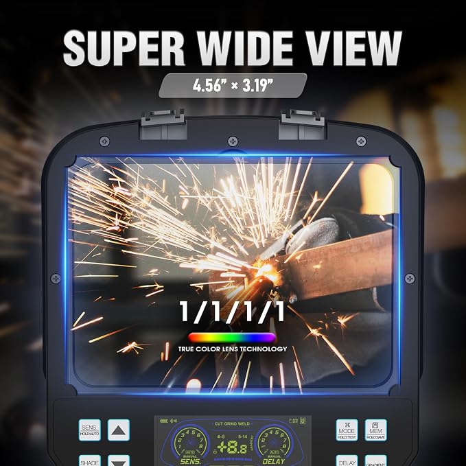 YESWELDER Intelligent Auto-Shade Auto-Darkening Welding Helmet, Large View with Internal Digital Display, True Color 1/1/1/1, Memory & Gradient Wide Shade 3/4-8/9-14 for MIG/TIG/Stick/Tack/Grind/Cut