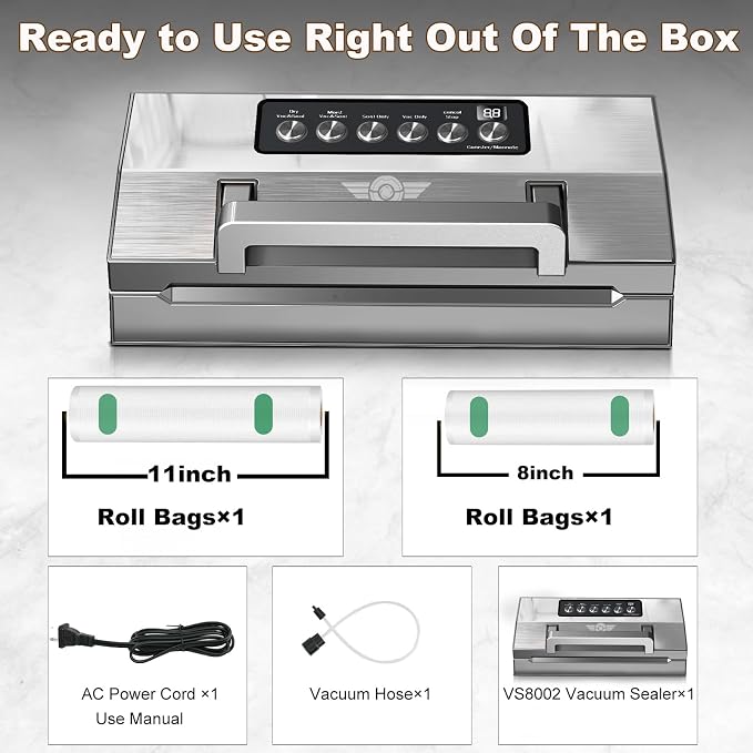 Precision Food Vacuum Sealer Machine, POWOT Fully Automatic Vacuum Sealing System, Commercial Food Vacuum Saver Pro, Double Heat Seal, Easy-Lock Handle, Built-in Cutter&Bag Storage, Hose&Bag Rolls
