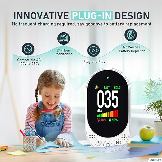 LSENLTY Decibel Meter Plug-in Wall, 30-130dBA Sound Level Meter, Data Hold&Max/Min&Fast/Slow Response 3-in-1 Noise Detector(TEM&Humidity), A-Weighted Noise Measuring Device for Classroom Home 2 Pack
