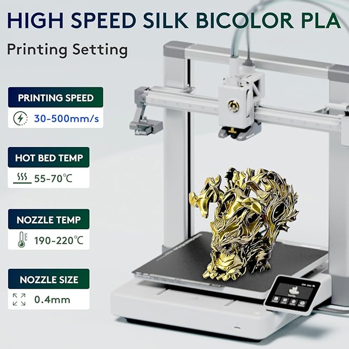 ERYONE Silk Dual Color PLA Filament 3D Printer 1.75mm +/- 0.03mm, Bicolor Filament Two Tone PLA 1KG(2.2lbs) Cardboard Spool, Black Gold