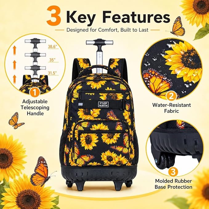 3Pcs Rolling Backpack for Girls Women, Travel Roller Backpacks with Wheels for Adults, Teens College Sunflower Wheeled Bookbag with Lunch Box(Yellow)