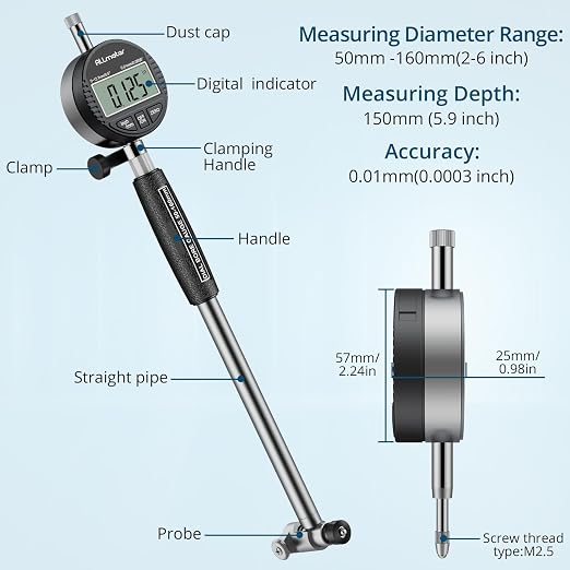 Digital Bore Gauge 50-160mm / 2-6",Internal Diameter Measuring Tool 0.01mm Resolution,Self-Centering Cylinder Bore Gauge Kit 12 Probes,6" Measuring Depth & Storage Case for Engine Cylinders