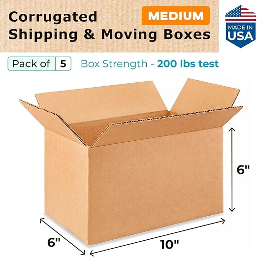 Medium Moving & Shipping Boxes 10 x 6 x 6 inches (5-Pack) - Extra Strength 200 lb vs Regular - USA-Made Corrugated Cardboard Boxes for USPS/UPS/FEDEX - Box for Packaging - Medium Box by IDL Packaging