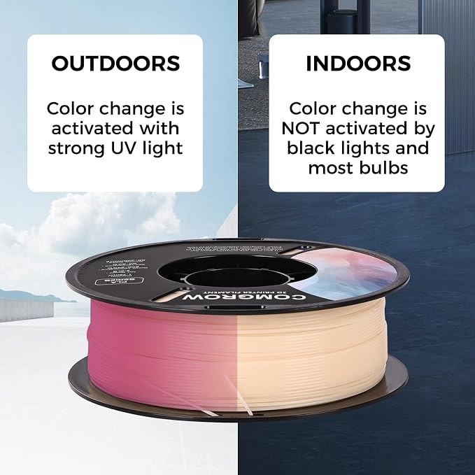 Comgrow 3D Printer Photosensitive Filament Single Color Light Change PLA 1kg (2.2 lbs) Spool 3D Printing Materials, Dimensional Accuracy +/- 0.03 mm, 1.75 mm, Light Change Purple