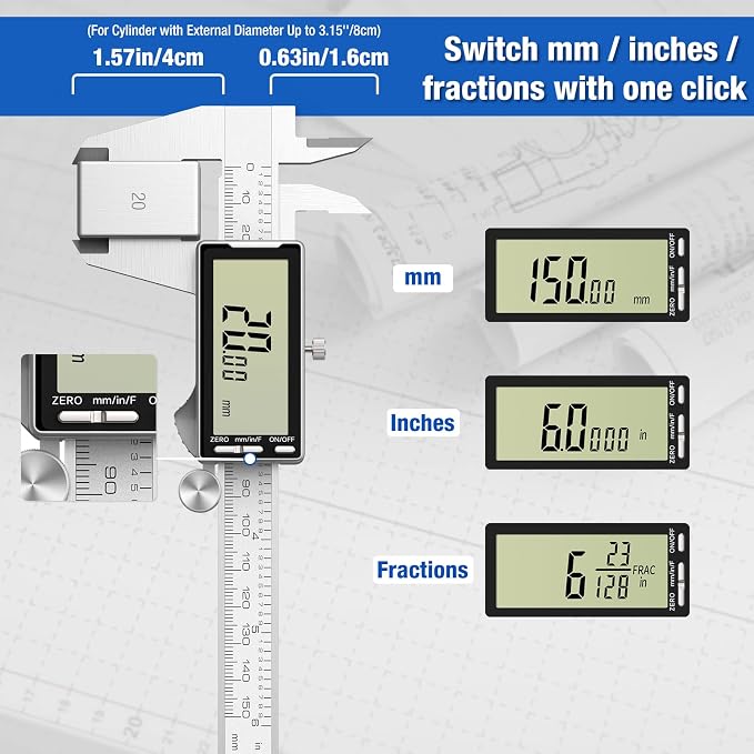 Raynesys Electronic Digital Caliper 6", Professional Precision Micrometer Calipers, ±0.001"/0.02mm Accuracy, Large LCD Display, Stainless Steel Diameter Measuring for Woodworkers/Jewelers/DIY Projects