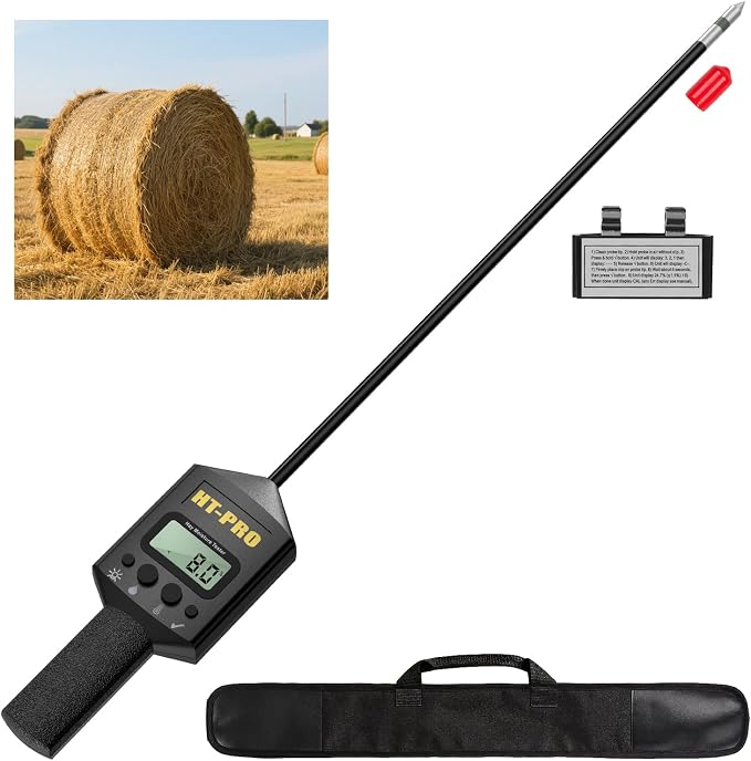 Hay Moisture Tester with 20" Probe, Moisture & Temperature Meter for Round and Square Hay Bales, Fast Backlit Readings, Calibration Clip Included, Black