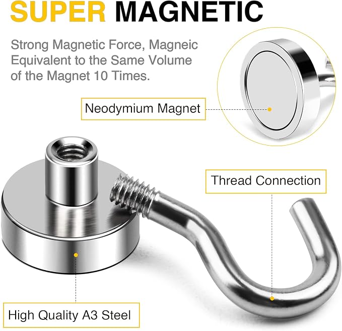 DIYMAG Magnetic Hooks, 30Lbs Strong Heavy Duty Cruise Magnet Hooks for Classroom, Fridge, Hanging, Cabins, Grill, Kitchen, Garage, Workplace and Office etc, (15 Pack-Silver)