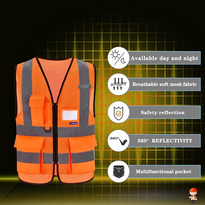 A-SAFETY ANSI/ISEA Standard Class 2 Hi-Vis Vest, Clear ID, Zip, Orange, 2XL | Orange 2XL Class 2 safety vest with 7 pockets, reinforced pockets and front zipper for railway operations and road work.
