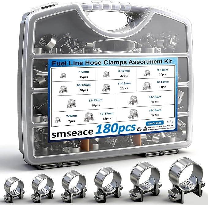 smseace 180Pcs Fuel Line Clamps 10-Sizes 7-18mm Fuel Injection Hose Clamps Pack in handheld Box Zinc Plated High Pressure Hose Clamps For Diesel/Petrol Pipe in Automotive,Marine,Truck