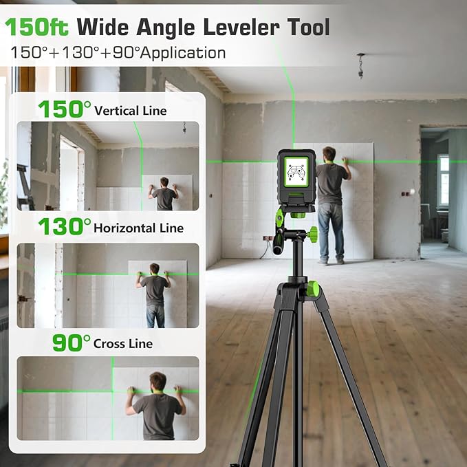 Laser Level with Tripod, Huepar 150Ft Lazer Leveler for Outdoor Use, 150° Vertical Green Cross Line Leveller Laser for Picture Hanging, Tile, Construction Project (4 AA Batteries Include)