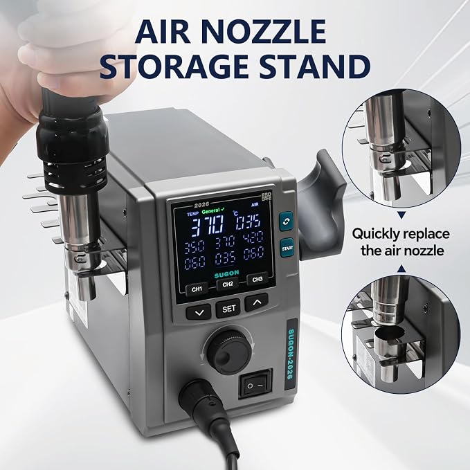 SUGON 2026 Hot Air Rework Station 700W, Standard/Curve heating mode, 4 Air Nozzle, 3 Memory storage, Sleep mode, ℃ / ℉,212℉-932℉, SMD Hot Air Station with Replace Air Nozzle Bracket