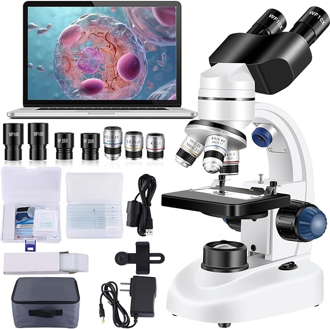 Microscope for Adults WF10x and WF25x eyepieces, 40X-2000X Magnification USB Camera, Microscope for Adults Suitable for Laboratory School Home Education（White Microscope）