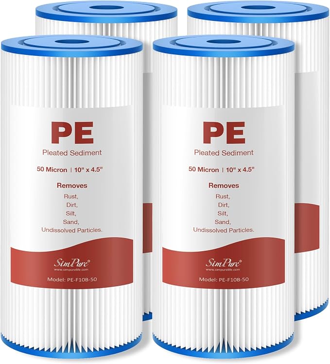 SimPure 10"x4.5" Pleated Sediment Water Filter, 50 Micron Whole House Water Filter Cartridge for Well Water Compatible with FXHSC, ECP20-BB, R50-BBSA, CB1-SED10-BB (4 Pack)