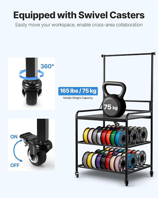 VEVOR 3D Printer Filament Storage Rack with Power Strip, 3-Tier Stand with Filament Storage, Spools Holder Racks Cart with Wheels, Filaments Organzied for 3D Printing Station, Workshop (Shelf Only)