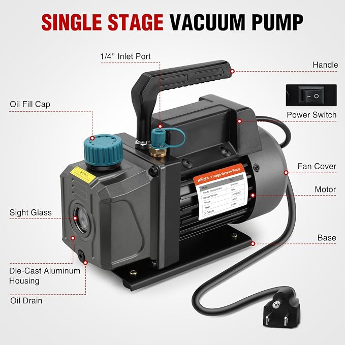 Nilight HVAC Vacuum Pump, 3.5 CFM 1/4 HP 110V Single Stage AC Vacuum Pumps Kit for R22 R404a R134a R410a 5 Pa Ultimate Vacuum for Auto Air Conditioning Servicing Refrigerant Recharging, Oil Included