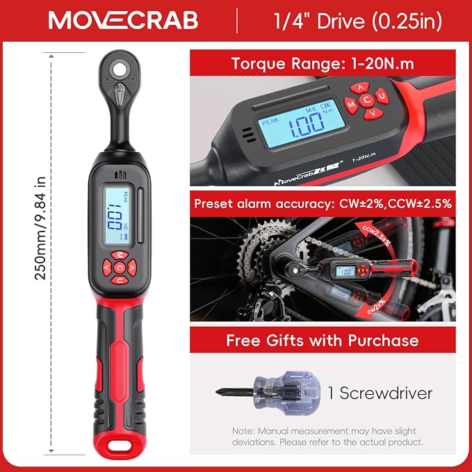 1/4" Digital Torque Wrench, 1-20 N.m / 0.7-15 Ft.lb, ±2% | Precision You Can Trust, Triple Warning Protection, Dual Measurement Modes, Easy-to-Read LED Display, 4 Units for Mechanics