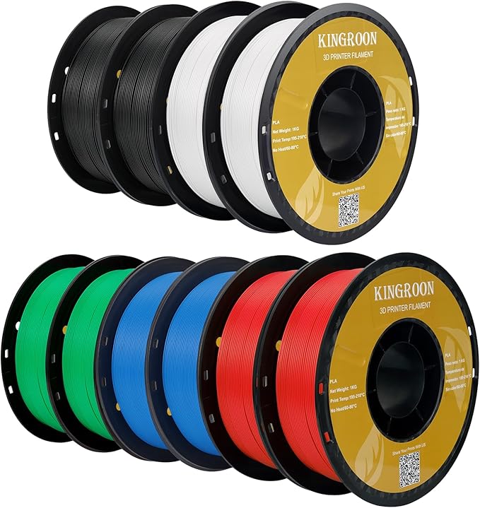 Kingroon PLA 3D Printer Filament,10 Rolls, Dimensional Accuracy +/- 0.03 mm, 10kg Spool(22lbs),1.75 mm,2Black+2White+2Green+2Red+2Blue