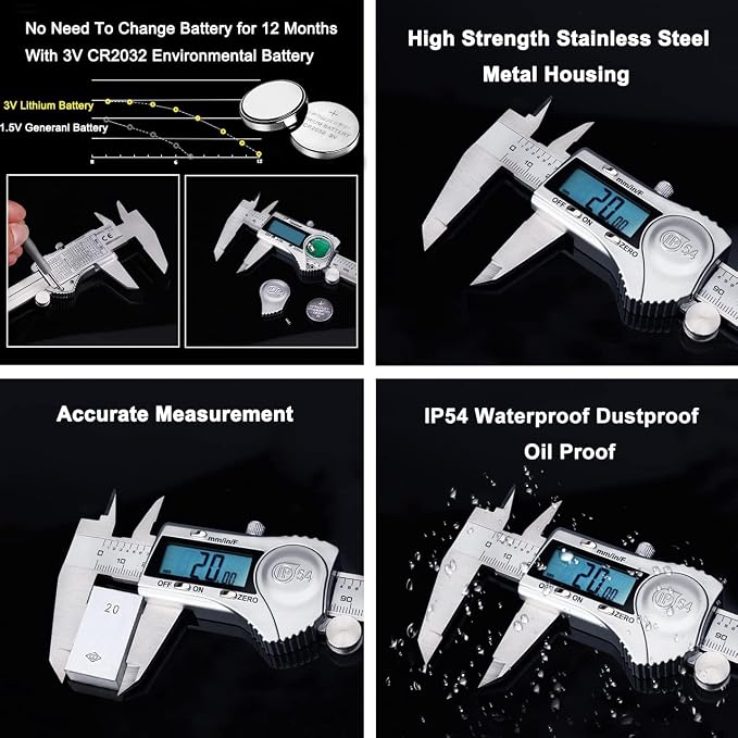 Kynup 0-12Inch Digital Caliper, Caliper Measuring Tool with Stainless Steel, IP54 Waterproof Protection Design, Easy Switch from Inch Metric Fraction, Large LCD Screen (6 Inch /12inch/8inch)
