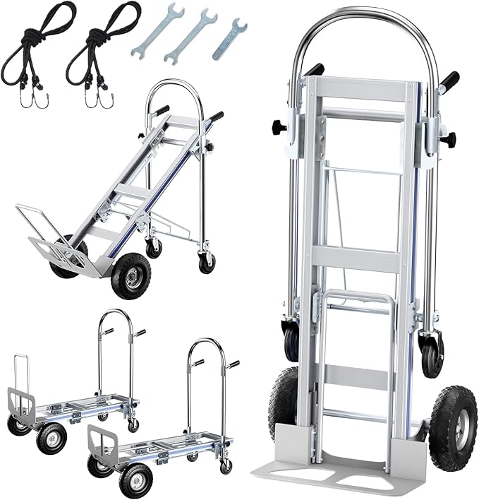 3 in 1 Convertible Aluminum Hand Truck Dolly, 1000 lb, Pneumatic Wheels | Heavy-Duty Frame, Upright, Tilted and Platform Modes for Appliances and Boxes, Compact Storage, Rolls on Uneven Ground