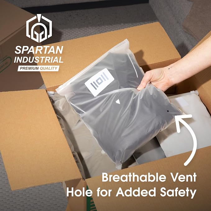 Spartan Industrial - 12” X 15” (250 Count) 3 Mil Frosted Reclosable Zip Plastic Bags with Resealable Lock Seal Zipper and Vent Hole | For Packaging Clothes, Shirts & More