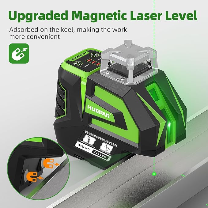 Huepar Self Leveling Laser Level Green Cross Line Laser with 2 Plumb Dots Laser Tool -360° Horizontal Line Plus 140° Vertical Level Laser with Up & Down Points - Rechargeable & Magnetic Bracket 7211CG