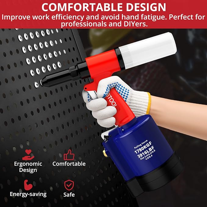 JUSTOOL 3916 LBF Heavy Duty Air Rivet Gun Pneumatic Rivet Gun, 5 Nosepieces 3/32", 1/8", 5/32", 3/16", 1/4", 16mm Maximum Stroke, NPT 1/4 inch Air Pop Riveter for Automotive, Construction, Industries