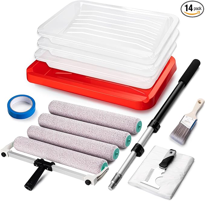 Mister Rui 18 Inch Paint Roller Kit with 4FT Extension Pole, 14 Piece Paint Set for Large Walls and Ceilings, Heavy-Duty Tray with 3 Liners, Low-Lint Microfiber Covers, Brush, Tape and Drop Cloth