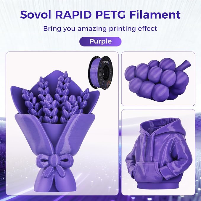 Sovol 3D Printer Rapid PETG Filament 1.75mm 1KG (2.2lbs), High Precision, Strong Toughness, Wiring Tightness, Dimensional Accuracy +/- 0.03 mm, 3D Printing High Speed PETG Filaments, Lavender Purple