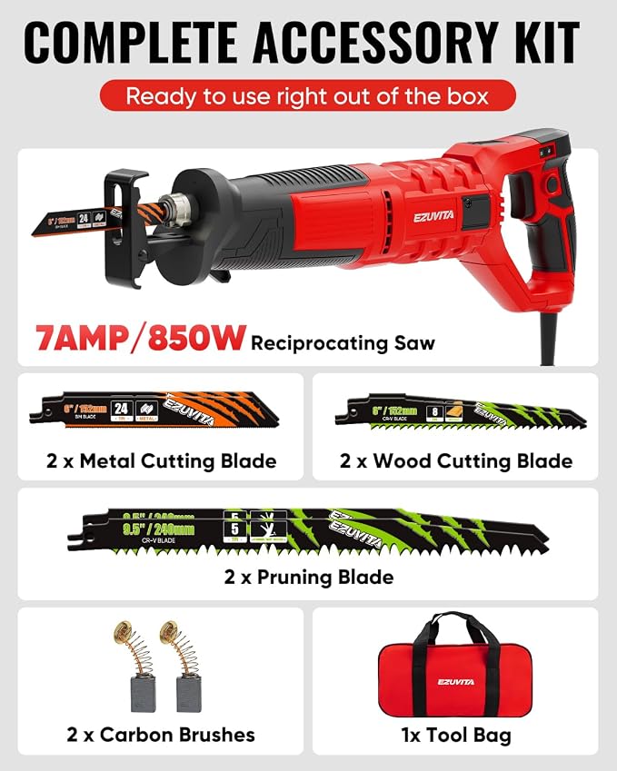 7 Amp Corded Reciprocating Saw for Wood, Metal, PVC & Tree Pruning, 1-1/8" Stroke Length & 2800 SPM, 6-Speed Dial, 180° Rotating Handle, Adjustable Pivoting Front Shoe, 6 Blades & Bag Included