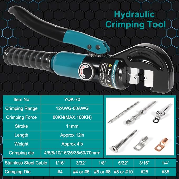 Brileine Hydraulic Crimping Tool, Hydraulic Crimper 10 Tons for 12-2/0 AWG Cable, Battery Lugs, Wire Lugs, Battery Cable Crimper Tool with 9 Pairs of Dies, 1/8” Wire Rope Crimping Tool