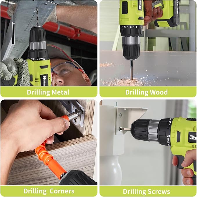 FADAKWALT Cordless Drill Set, 20V Electric Power Drill with Battery And Charger, Torque 30N, 21+1 Torque Setting, 3/8-Inch Keyless Chuck, LED Work Light, Complete Drill & Driver Bits Kit（green)