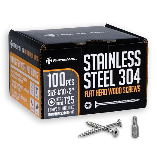 304 Stainless Steel Deck Screws, #10 x 2, 100 PCS | Torx Flat Head Type 17 Point with T25 Bit, Ideal for Outdoor Wood Projects, Fences, Benches, Picnic Tables, Decks, Bulk Box