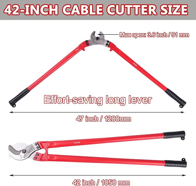 Verida Cable Cutters 42 inch, Heavy-Duty Large Cable Cutter, Chrome vanadium steel, Hardness 62 HRC, Suitable for cutting thick copper and aluminum core cables, Red