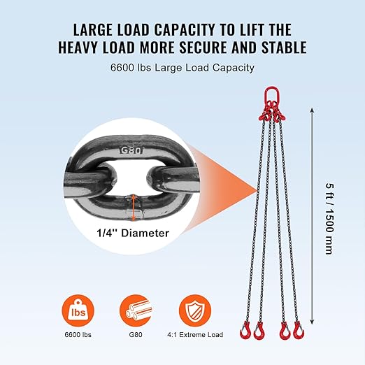 VEVOR Chain Sling, 1/4 inch x 5 ft Lifting Chains with Hooks, G80 Engine Chain Hoist Lifts, 6600 lbs/3 Ton Lifting Sling Chains for Engine Hoist, Engine Lift Chain with 4 Leg Grab Hooks and Adjusters
