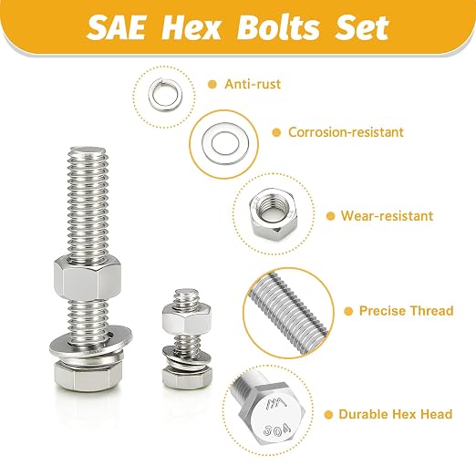Kadrick 272Pcs 18-8(304) Stainless Steel Hex Bolts Assortment,1/4-20 5/16-18 3/8-16 Heavy Duty Bolts and Nuts Kit, Assorted SAE Bolts Nuts Flat&Lock Washers,Lenth Form 1/2''-2''